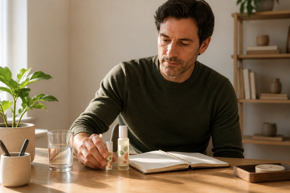 A professional in their early 40s sitting at a tidy home office desk in warm morning light, arranging a small supplement bottle and a matte aromatherapy roller beside a glass of water and an open paper planner