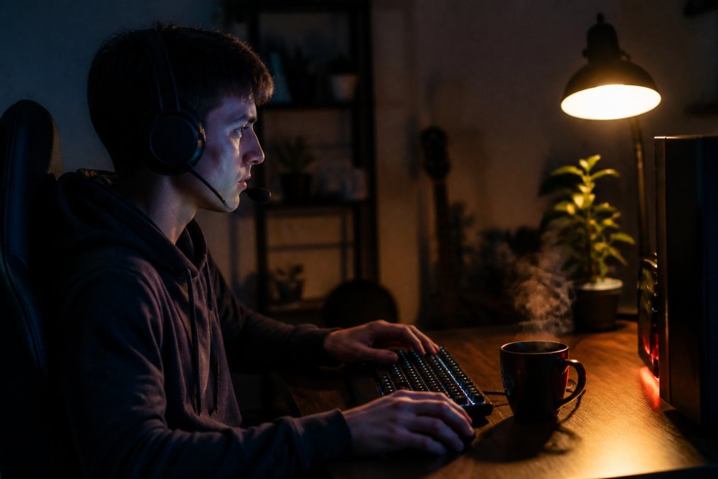 A focused gamer wearing a headset at a desk setup with a steaming mug of coffee nearby, late evening lighting with a monitor glow