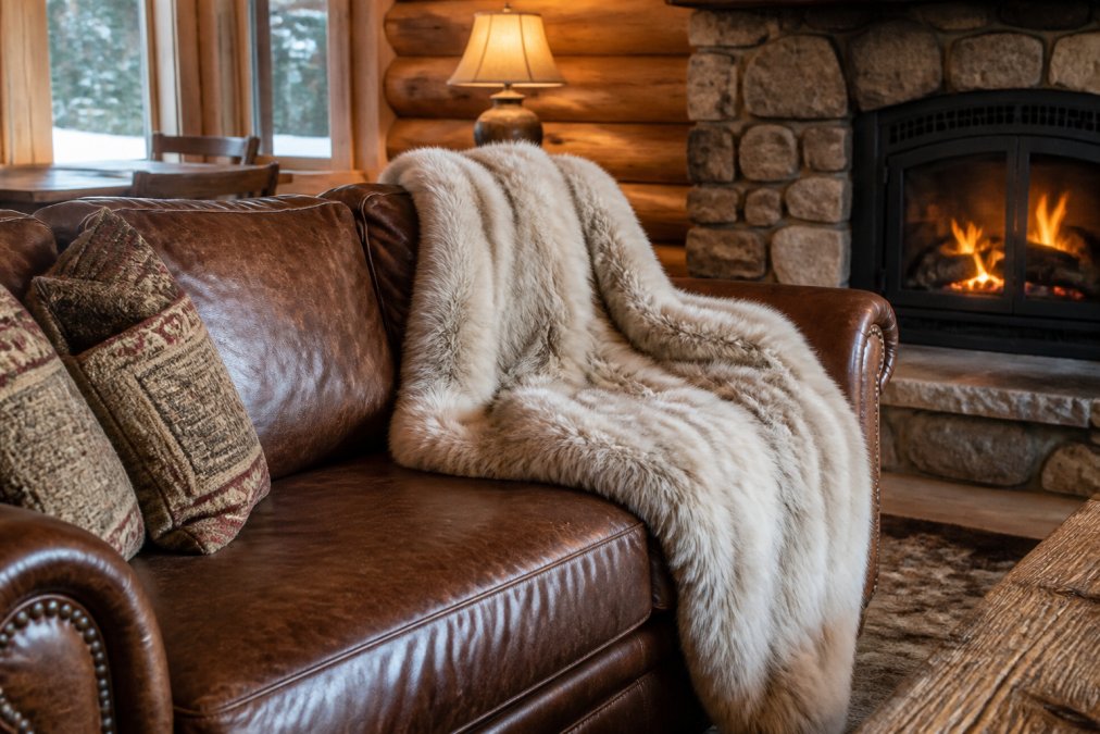A cozy cabin living room with a wooden log wall, featuring a natural cream-colored fur throw blanket draped over a leather sofa, with a stone fireplace in the background