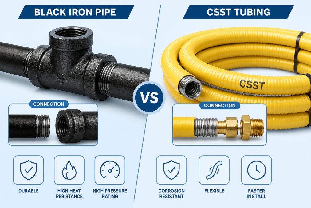 Close-up of black iron gas pipe with threaded fittings and CSST flexible tubing coiled beside it, showing the physical differences in construction and connection methods