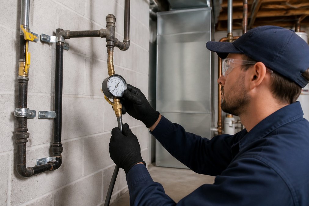 Licensed plumber performing pressure testing on a newly installed gas line using specialized pressure gauge equipment in a residential home basement