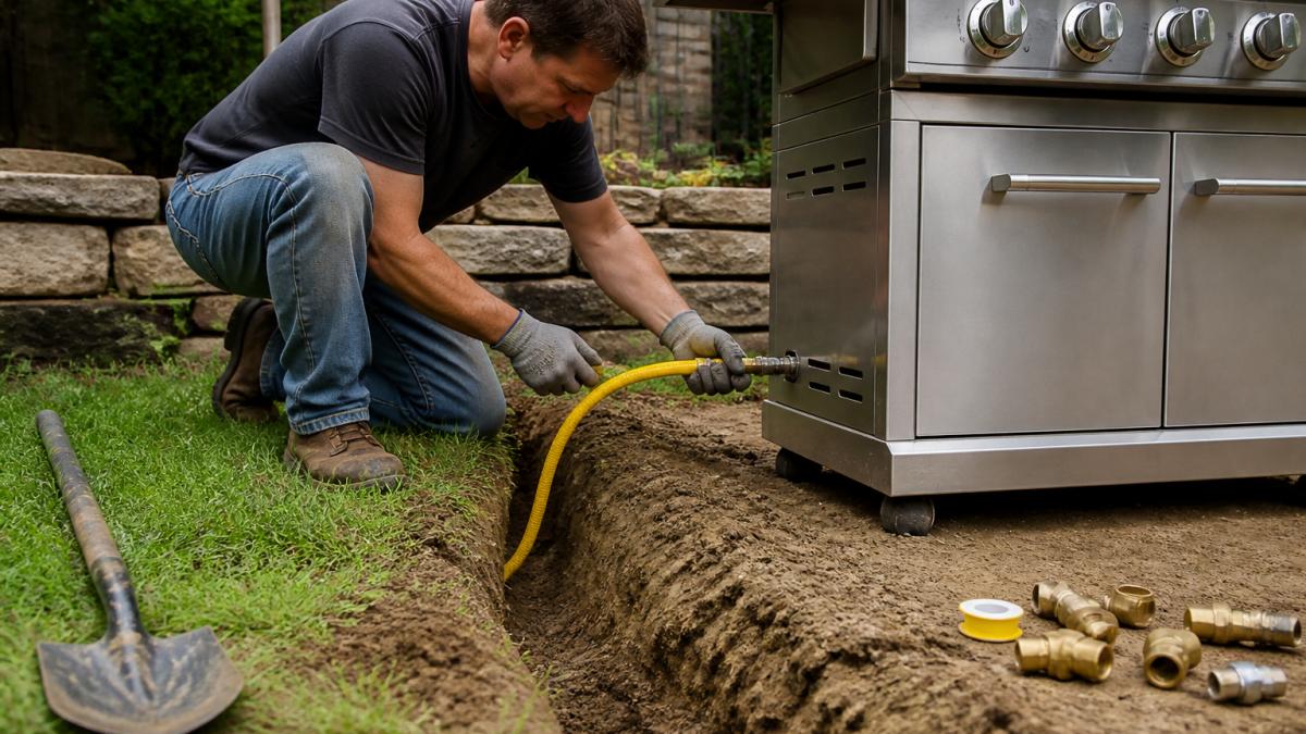 A homeowner in work clothes kneeling beside a shallow trench in a backyard, guiding a yellow natural gas line toward the base of a stainless steel outdoor grill, with a shovel and pipe fittings visible nearby