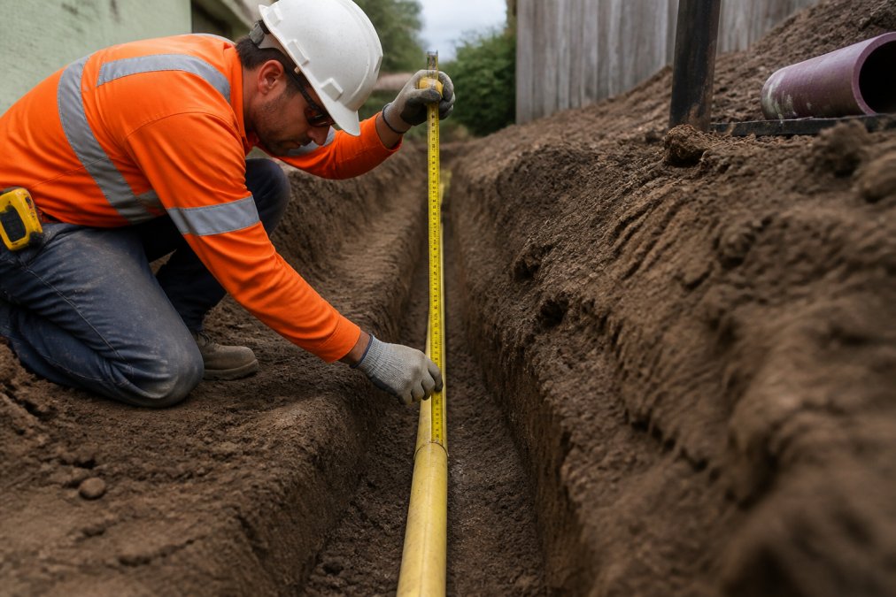 Licensed plumber measuring and marking the required depth for underground gas piping in a freshly dug trench, using a measuring tape and depth gauge with protective equipment visible