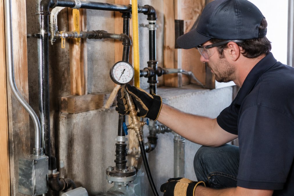Technician holding a pressure gauge connected to a gas piping system during pressure testing, with the gauge reading clearly visible and testing equipment setup shown in detail