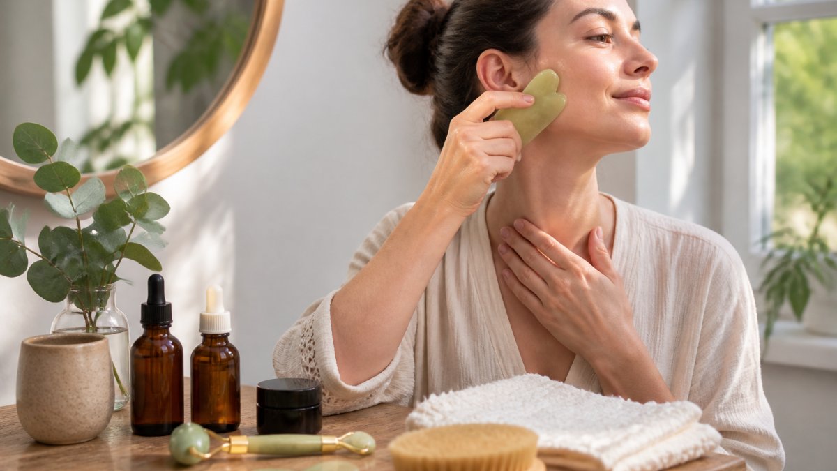 Woman's hands using a gua sha stone on her face and neck in soft morning light, with a serene expression and calm facial features