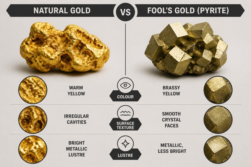 Infographic comparing the color, luster, and crystal structure of natural gold nuggets and pyrite specimens.