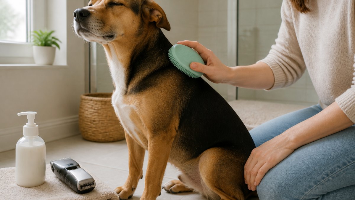 A calm dog with a short, shiny coat sitting on a bathroom floor while a person gently brushes its fur with a soft silicone brush, with a low-noise trimmer and a bottle of oatmeal shampoo resting on a nearby towel, soft natural light from a window