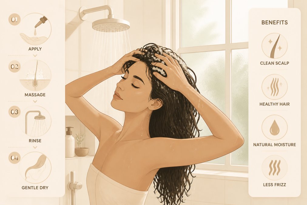 Woman washing her hair in a modern shower with natural lighting streaming through a frosted glass window, using a gentle massage motion on her scalp, showing healthy wet hair texture and focused self-care routine