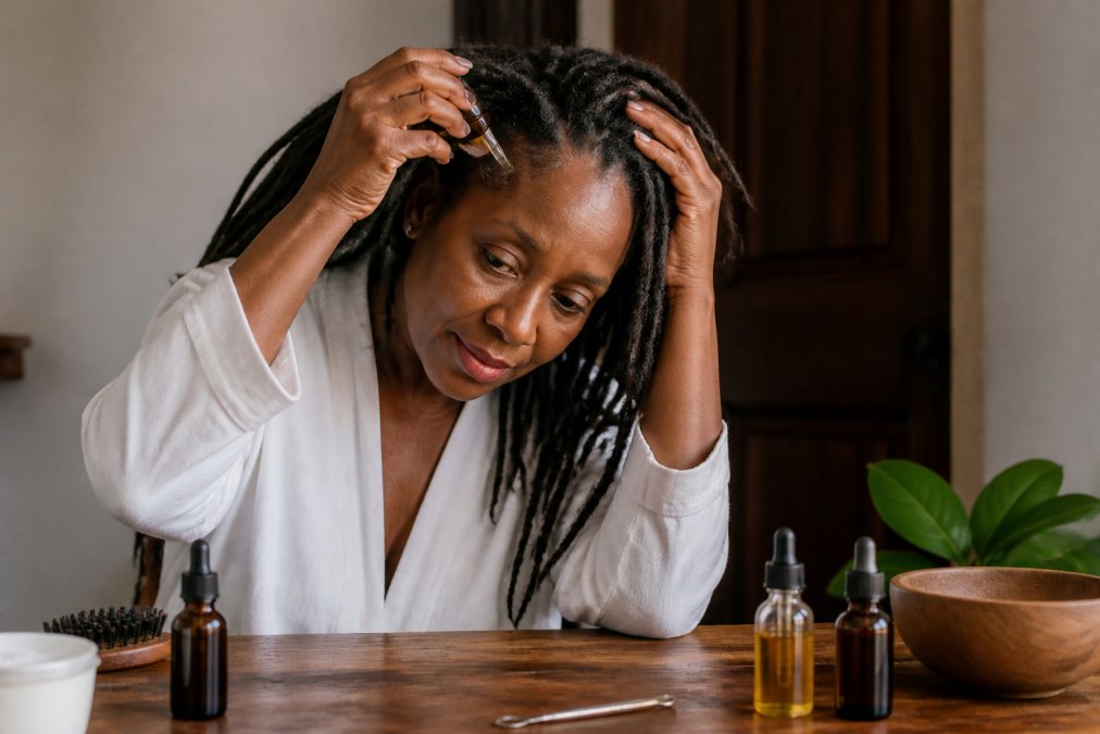 Person with mature locs applying oil to their scalp for natural hair care at a wooden vanity