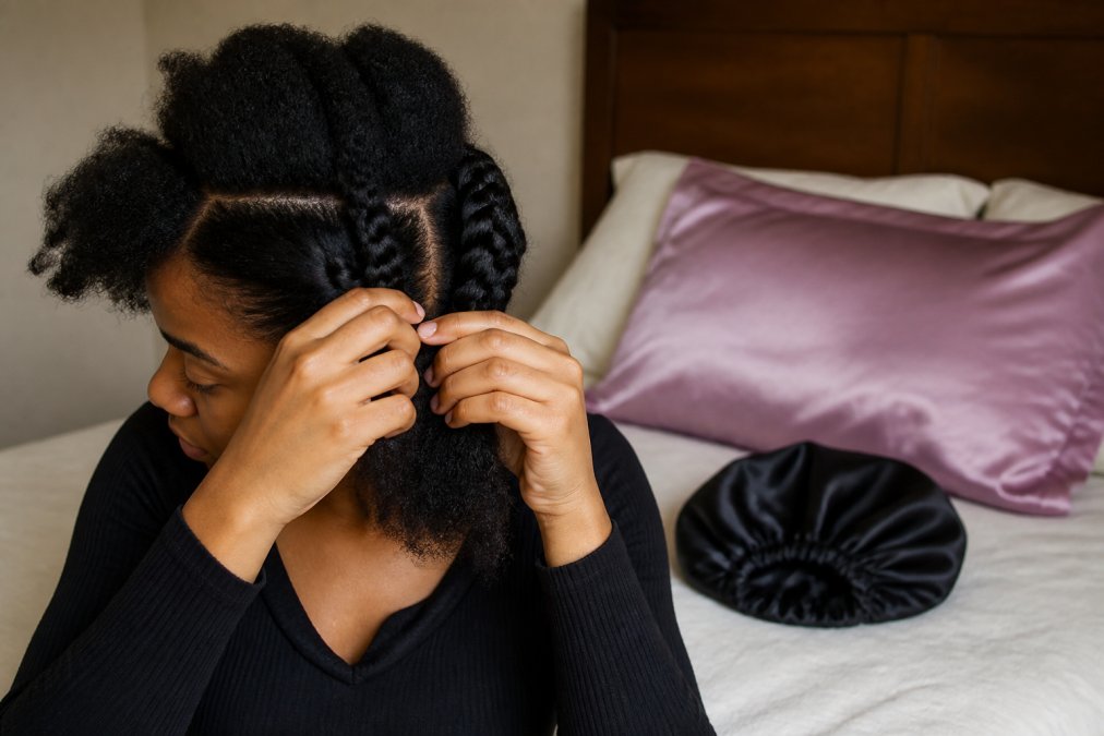 Close-up of someone placing hair into a protective style with a satin bonnet and silk pillowcase visible on the bed, showing proper nighttime hair care setup