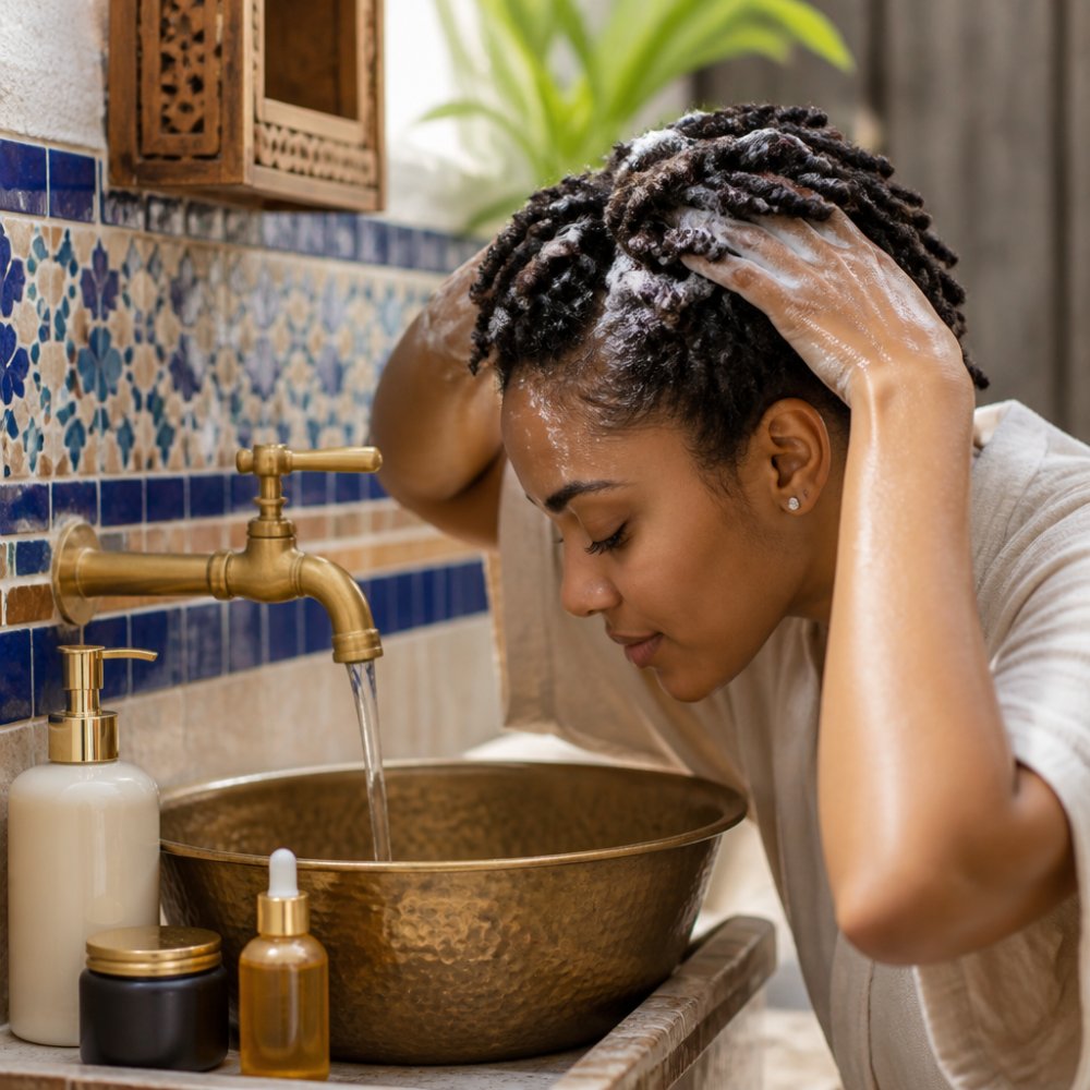 Close-up of a woman with coily natural hair massaging a gentle shampoo into her scalp over a bathroom sink, water running, warm natural light, calm self-care atmosphere