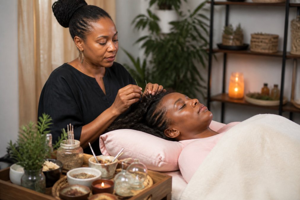 A licensed practitioner performing a scalp treatment on a relaxed female client in a calm, softly lit holistic spa room with acupuncture tools and herbal preparations visible on a nearby tray
