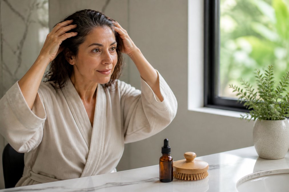 A woman in her 40s sitting at a bathroom vanity, using her fingertips to massage oil into her scalp, with a small amber dropper bottle and wooden scalp brush on the counter beside her, soft natural light from a nearby window