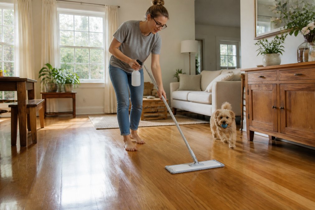 Pet owner mopping hardwood floor with natural cleaner spray bottle while small dog plays nearby in bright, sunlit living room with wood furniture