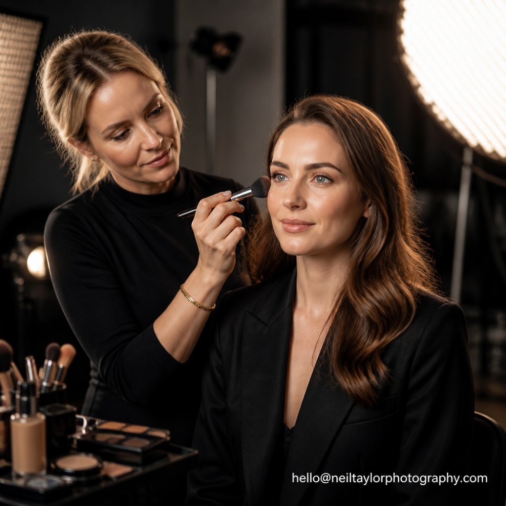 Professional demonstrating natural headshot makeup application technique with proper blending and lighting, showing finished natural look under studio lights
