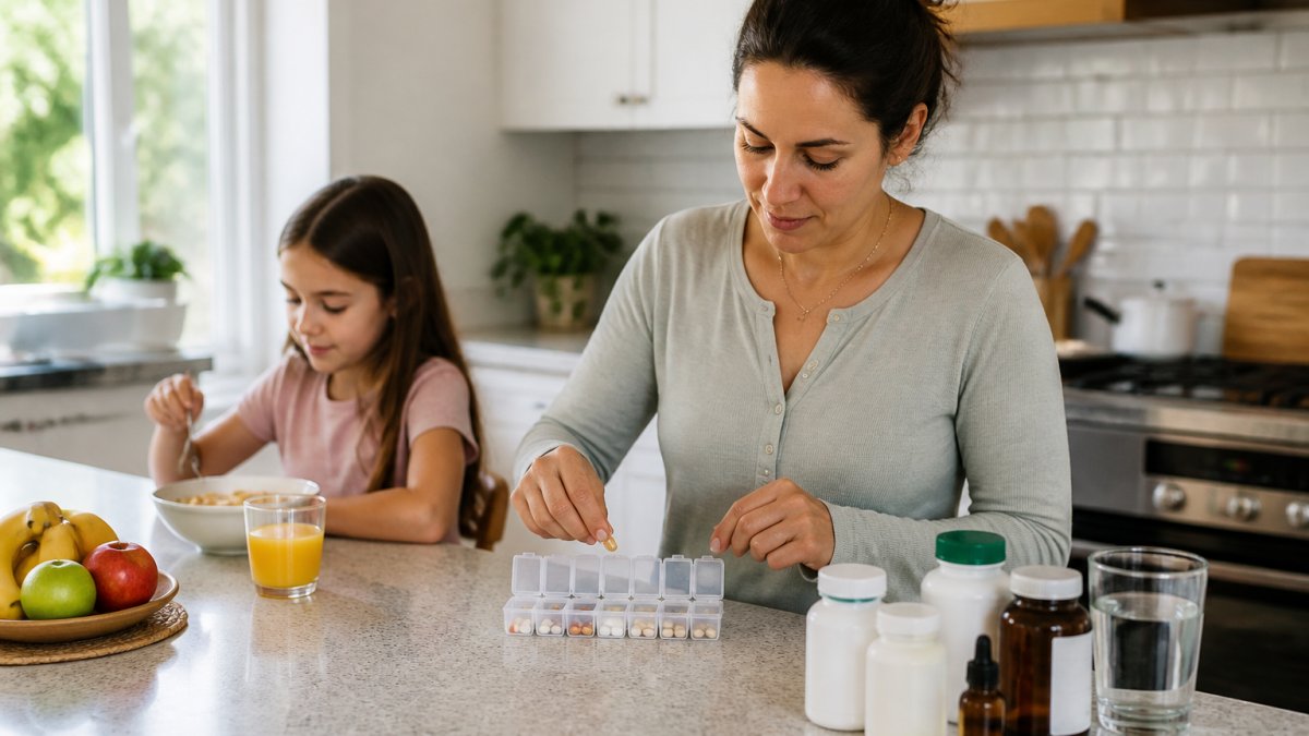 Parent organizing daily vitamins in a weekly pill case while a child eats breakfast in a bright kitchen.
