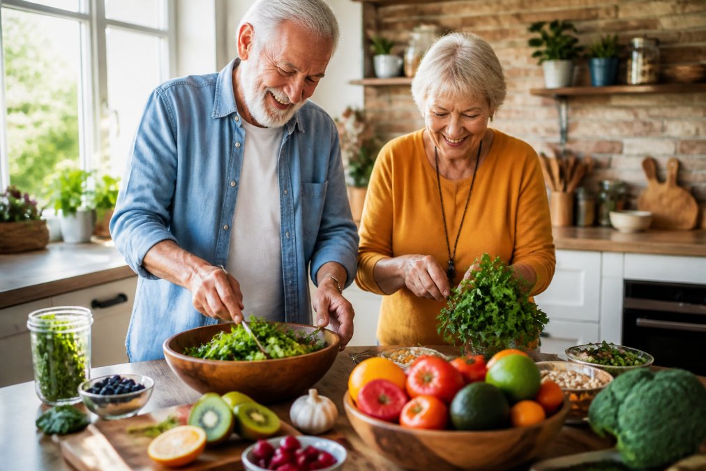 Cheerful senior couple preparing a healthy meal with fresh immune boosters in a bright, sunlit kitchen.