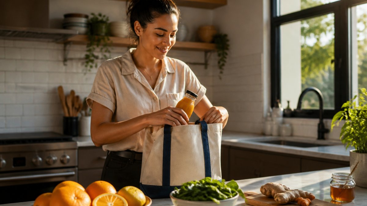 A busy professional at a kitchen counter packing citrus fruit, spinach, and a small bottle of wellness tonic into a lunch bag before heading to work, morning light through the window