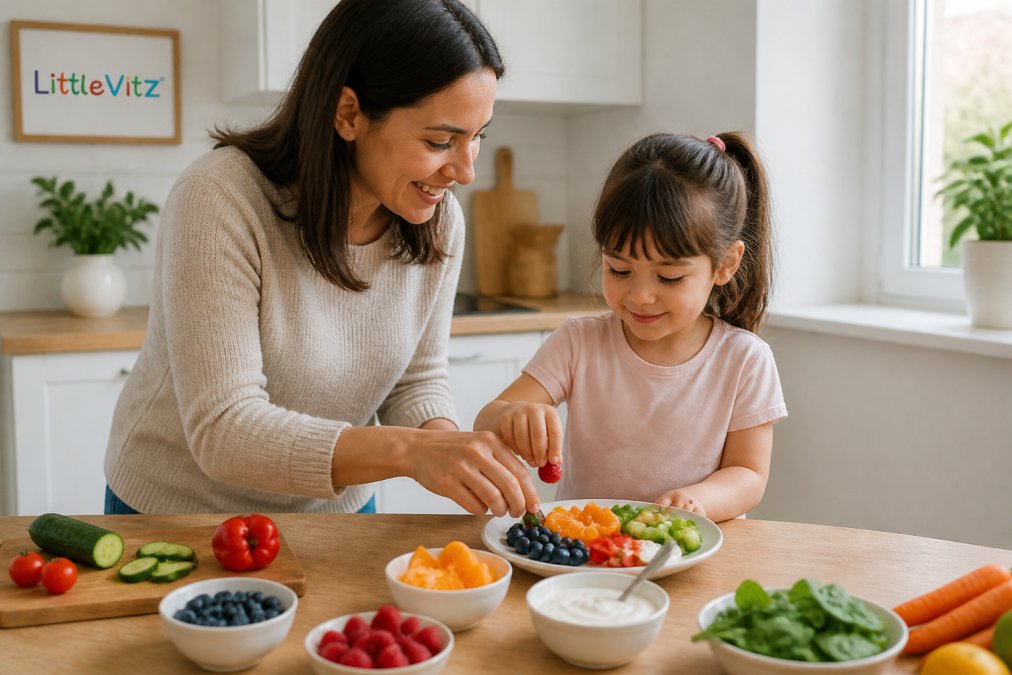 A parent and young child in a bright kitchen preparing a colourful snack plate with berries, orange segments, yogurt and chopped vegetables, warm natural light, candid everyday moment