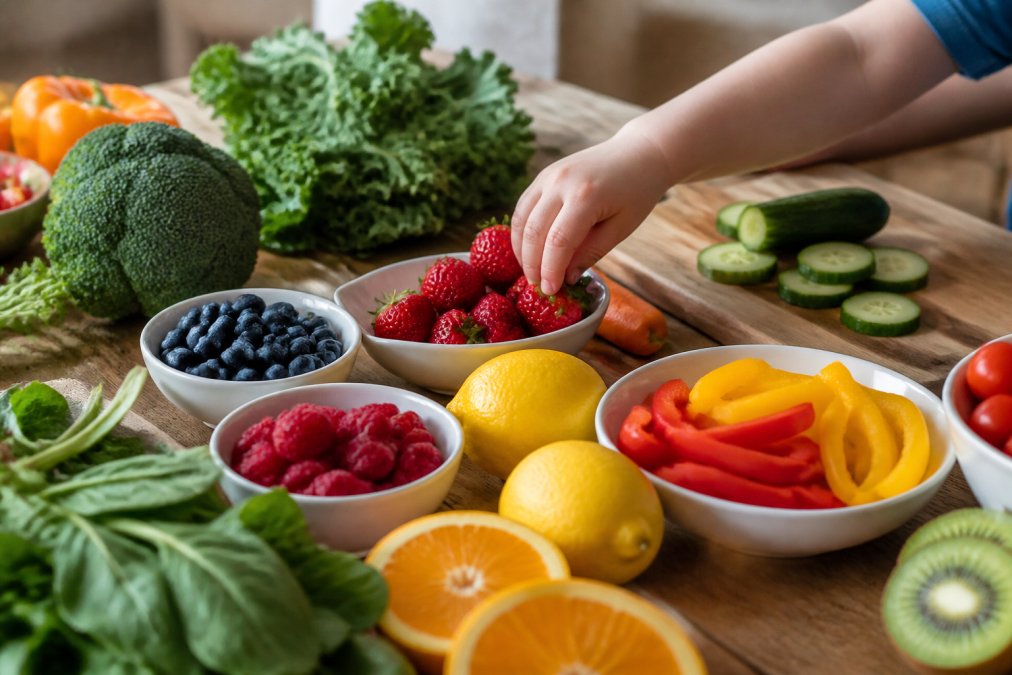 Colourful spread of fresh produce on a wooden table with leafy greens, citrus fruits, bright berries, and colourful vegetables arranged naturally, with a child's hand reaching toward ripe strawberries in natural daylight