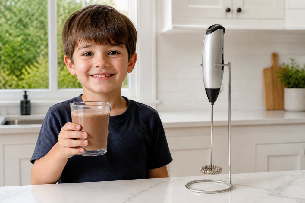 Child holding a clear cup filled with rich chocolate smoothie, smiling, with a milk frothing wand visible beside the cup on a bright kitchen counter