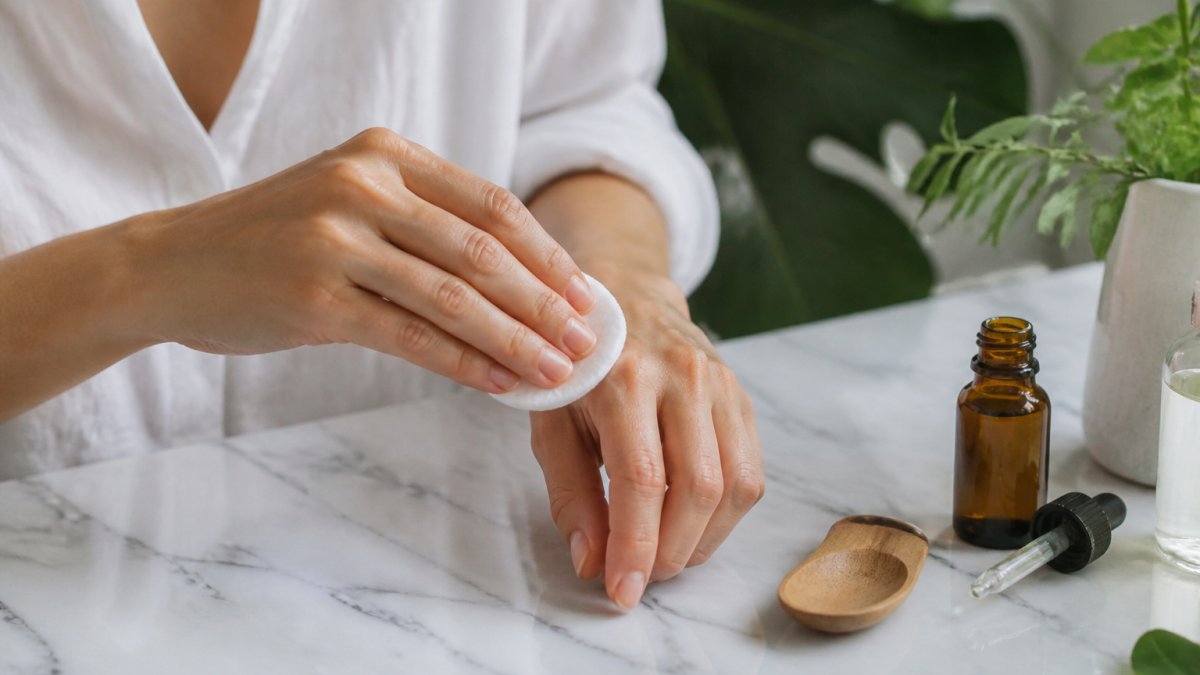 Close-up of hands applying a natural acne treatment with a cotton pad to clean skin, with a small glass bottle of essential oil and wooden applicator on a white marble surface in natural daylight