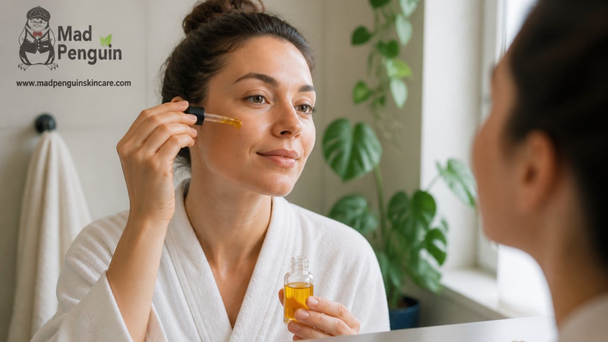 A close-up of a woman's hands applying golden rosehip oil to her face, soft natural lighting, bathroom setting with plants in background