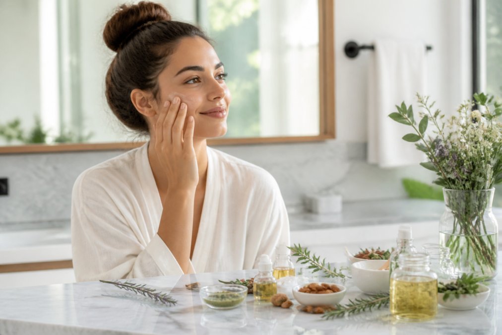 Person applying skincare with natural ingredients for glowing skin in a bright, minimalist bathroom.