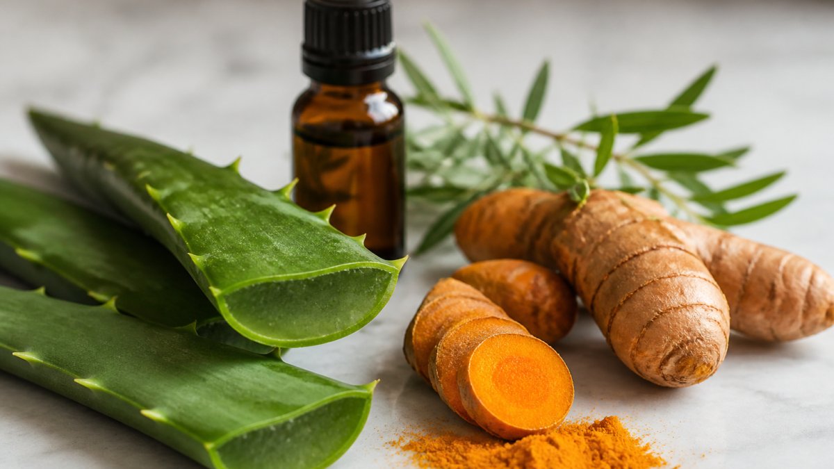 Close-up of fresh natural ingredients including aloe vera leaves, turmeric root, and tea tree oil bottle arranged on a clean white surface with soft natural lighting