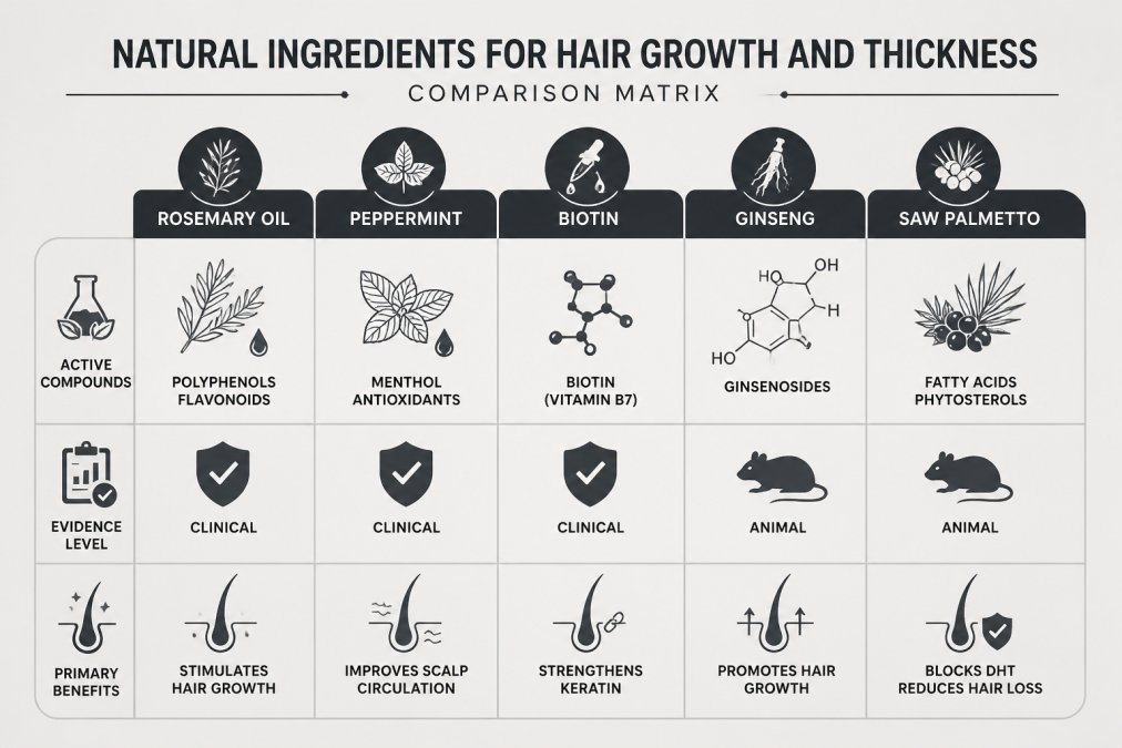 Comparison matrix of hair growth ingredients: Rosemary oil (polyphenols, flavonoids), Peppermint (menthol, antioxidants), Biotin (keratin strengthening), Ginseng (ginsenosides), Saw Palmetto (DHT blocking), showing active compounds, evidence level (clinical vs. animal), and primary benefits
