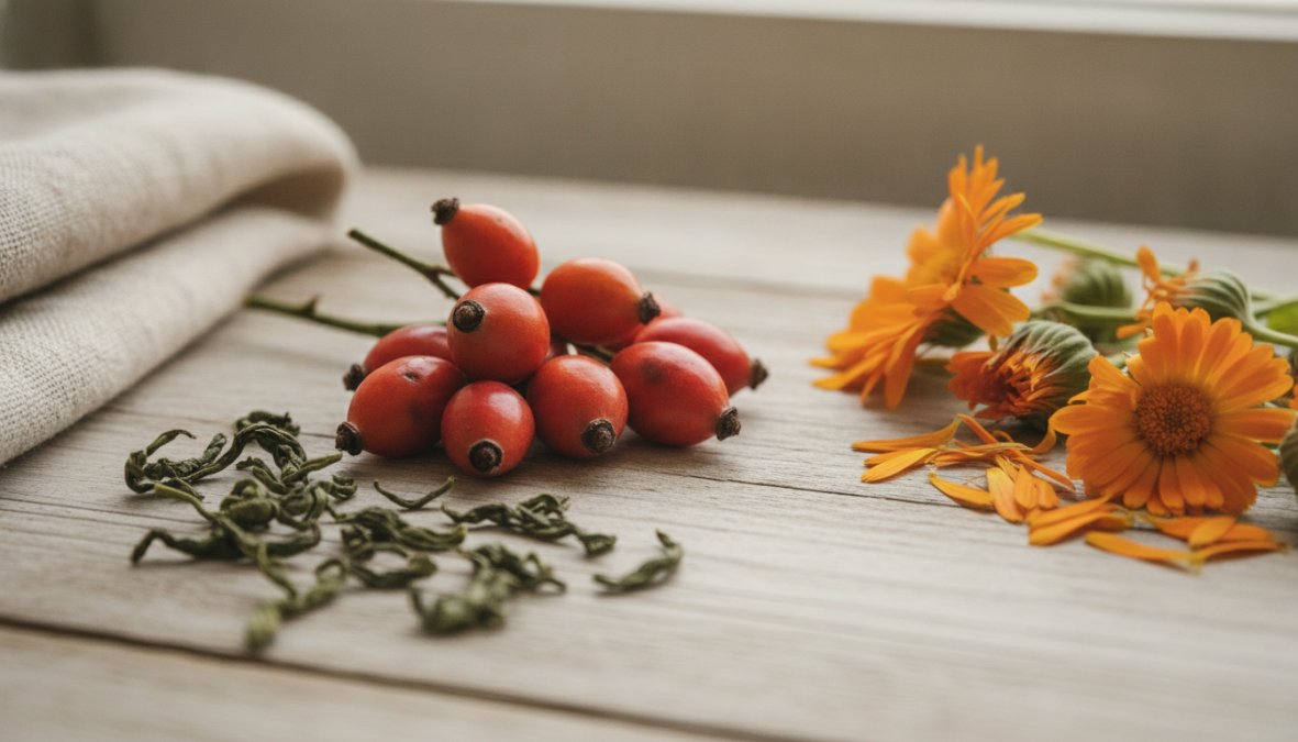 Professional illustration showing natural ingredients for mature skin
