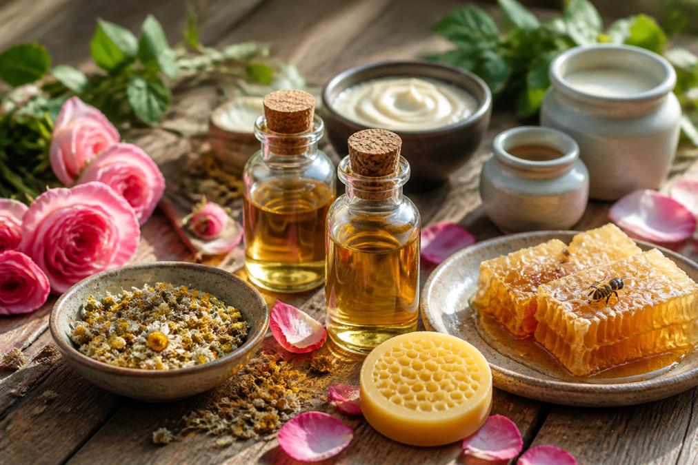 Flat lay arrangement of natural skincare ingredients including glass bottles of golden carrier oils, fresh rose petals, dried chamomile flowers, honeycomb with beeswax, and ceramic jars on a wooden surface with soft morning sunlight