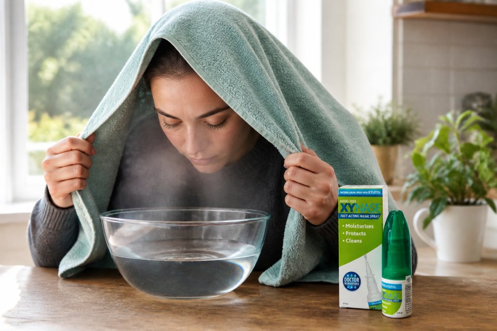 Person inhaling steam from a bowl of hot water with a towel draped over their head, demonstrating proper steam inhalation technique in natural morning light