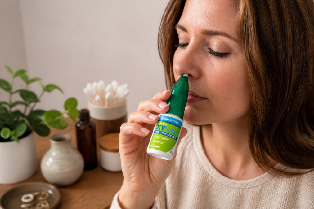 Close-up of hands holding a natural nasal oil spray bottle with sesame oil visible, demonstrating proper application technique near the nose with warm, natural lighting