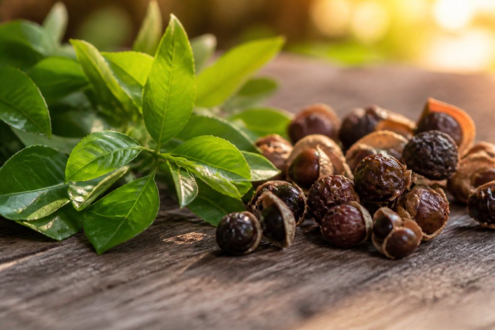 Close-up of fresh green tea leaves and dried guarana berries arranged on a wooden surface with natural morning sunlight filtering through
