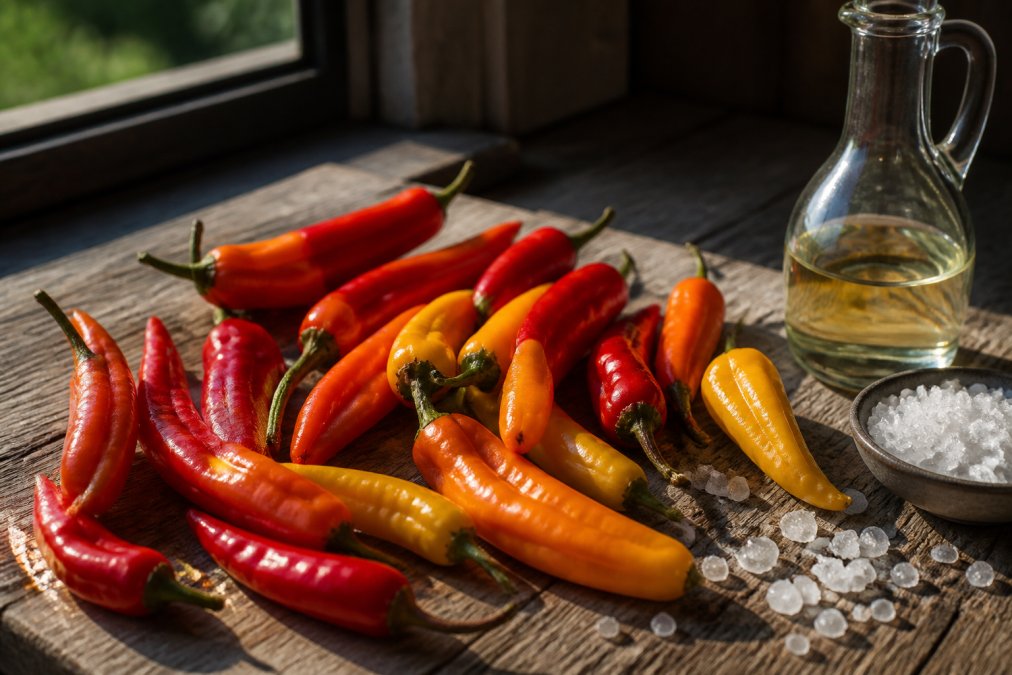 Close-up of fresh chilli peppers in vibrant red, orange, and yellow colours arranged on a weathered wooden board with a glass bottle of vinegar and coarse sea salt scattered nearby, natural window light casting shadows