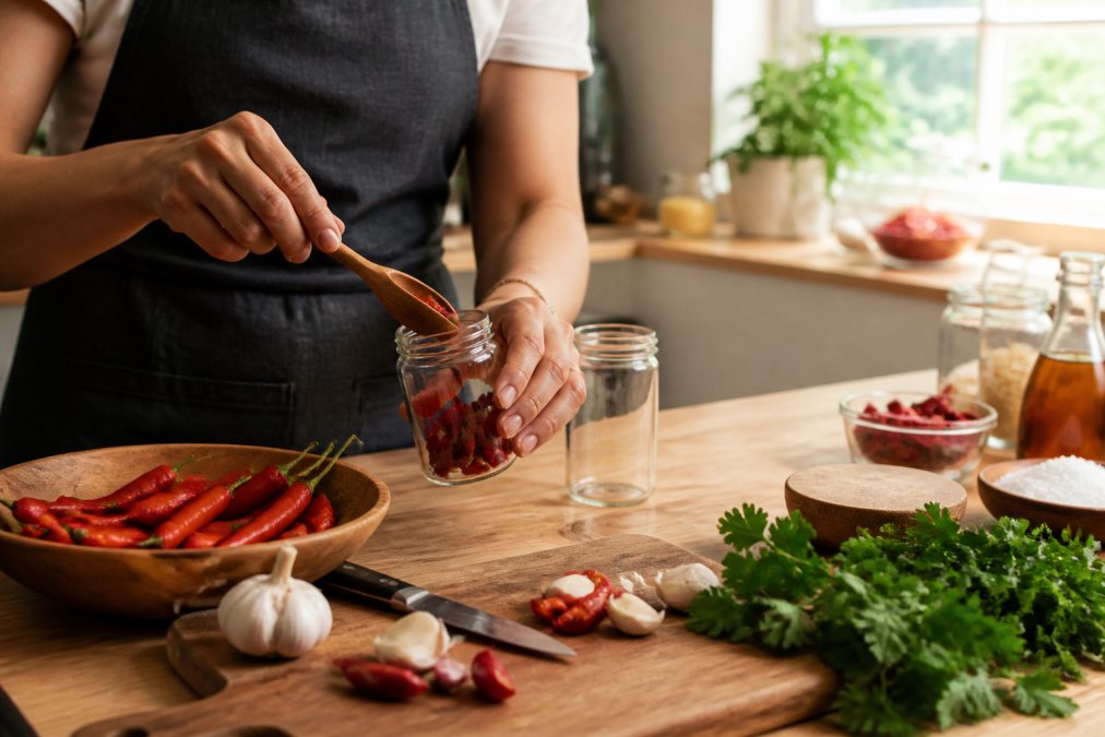 Hands carefully measuring and preparing fresh ingredients for homemade hot sauce on a light wooden kitchen counter, including vibrant red chilli peppers, glass jars, wooden spoon, and natural afternoon sunlight streaming through a window