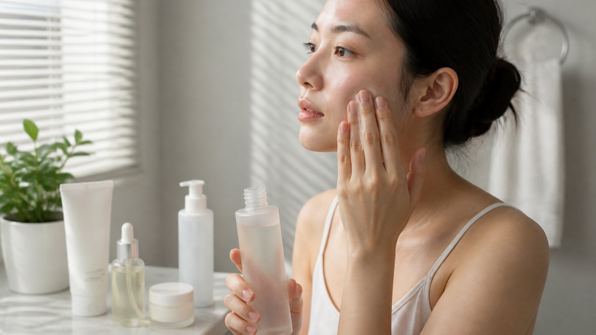Close-up of hands applying a lightweight essence toner to the face, with skincare bottles arranged on a clean bathroom counter in natural morning light
