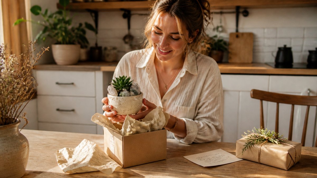 A woman in her thirties unwrapping a small handmade crystal planter at a sunlit kitchen table, tissue paper and a handwritten card nearby, warm cozy home setting