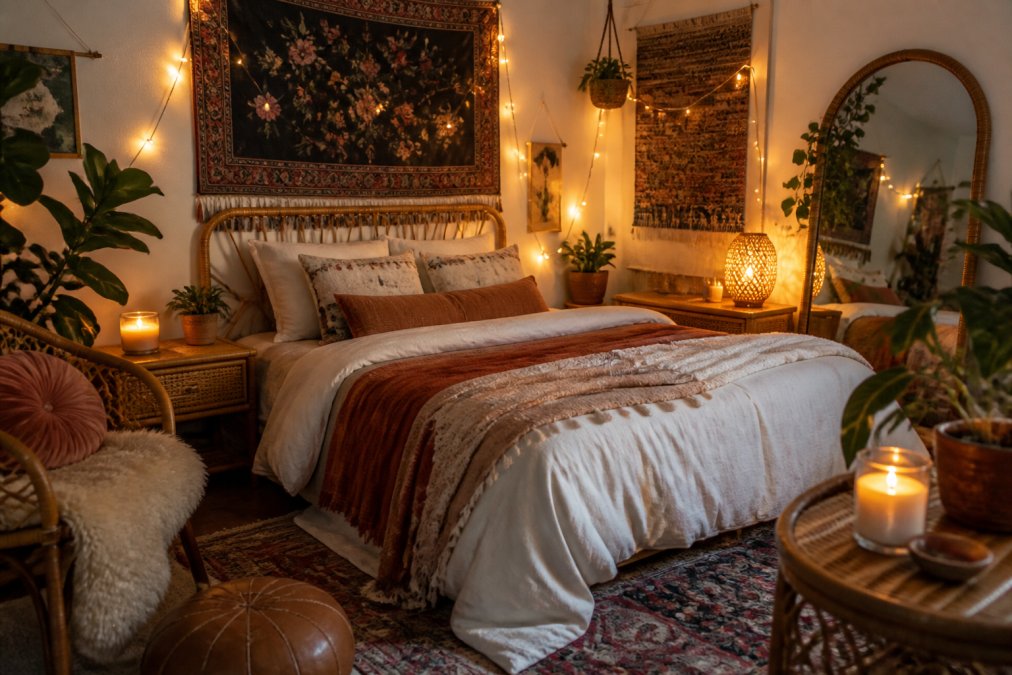 A renter's bedroom styled with layered textiles, vintage tapestries on walls, rattan furniture, and warm lighting from wooden wick candles and string lights creating a cozy bohemian atmosphere