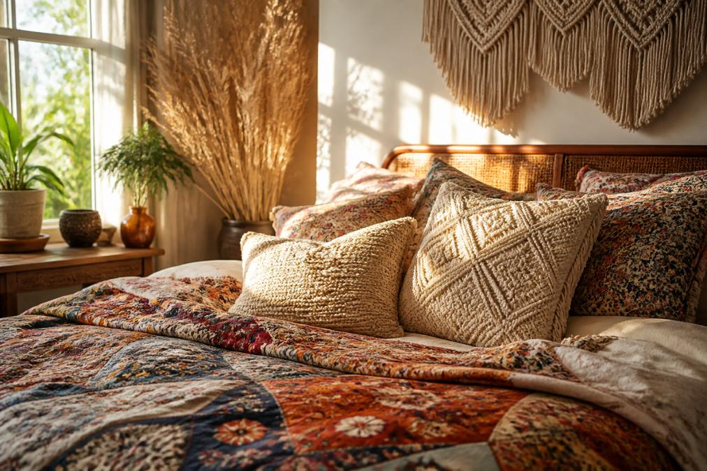 Close-up of colorful bohemian bedding with mixed patterns, macramé wall hanging, and natural fiber throw pillows arranged on a bed with warm afternoon light streaming through a window