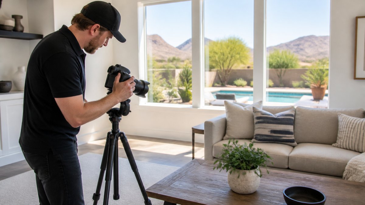 A real estate photographer adjusting a tripod-mounted camera in a bright living room, with large windows showing a sunny exterior view and soft daylight filling the space