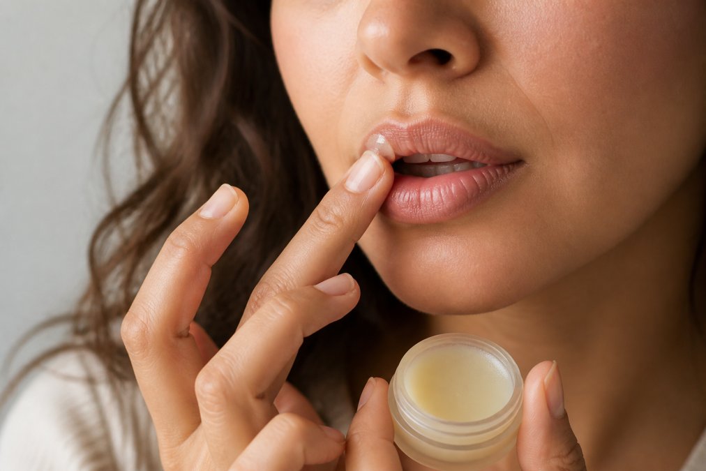 Close-up of a woman's hand applying a nude lip balm with her finger to her lips in soft, natural lighting