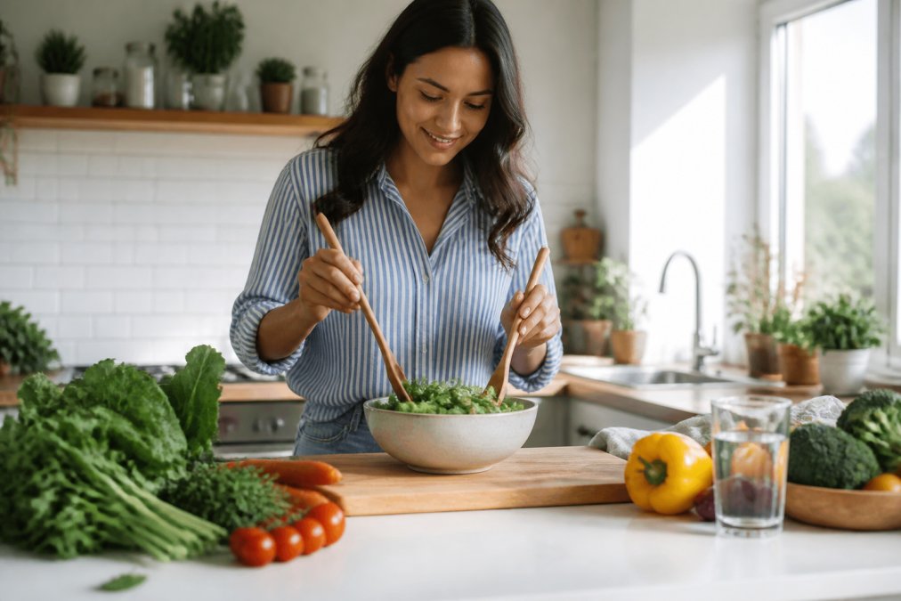Person preparing a colorful meal with fresh leafy greens, vegetables, and a glass of water in a bright, modern kitchen with natural sunlight