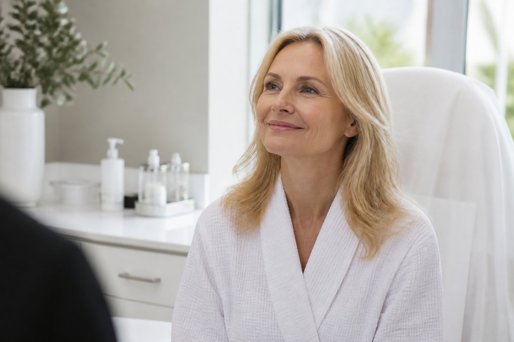 A woman in her mid-50s with glowing, healthy skin sitting in a bright, clean medical spa consultation room, looking relaxed and confident, soft natural light coming through large windows