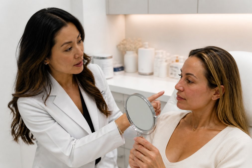 An aesthetic practitioner in a white coat reviewing a patient's facial anatomy with a hand mirror during a one-on-one consultation in a modern clinical setting, warm clinical lighting, both practitioner and patient engaged and attentive