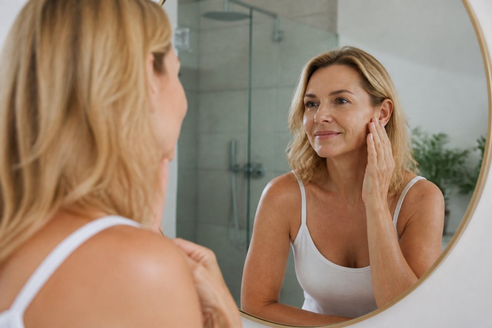 A woman in her late 40s looking in a mirror with a calm, confident expression, soft natural lighting in a modern bathroom, no visible signs of cosmetic procedures