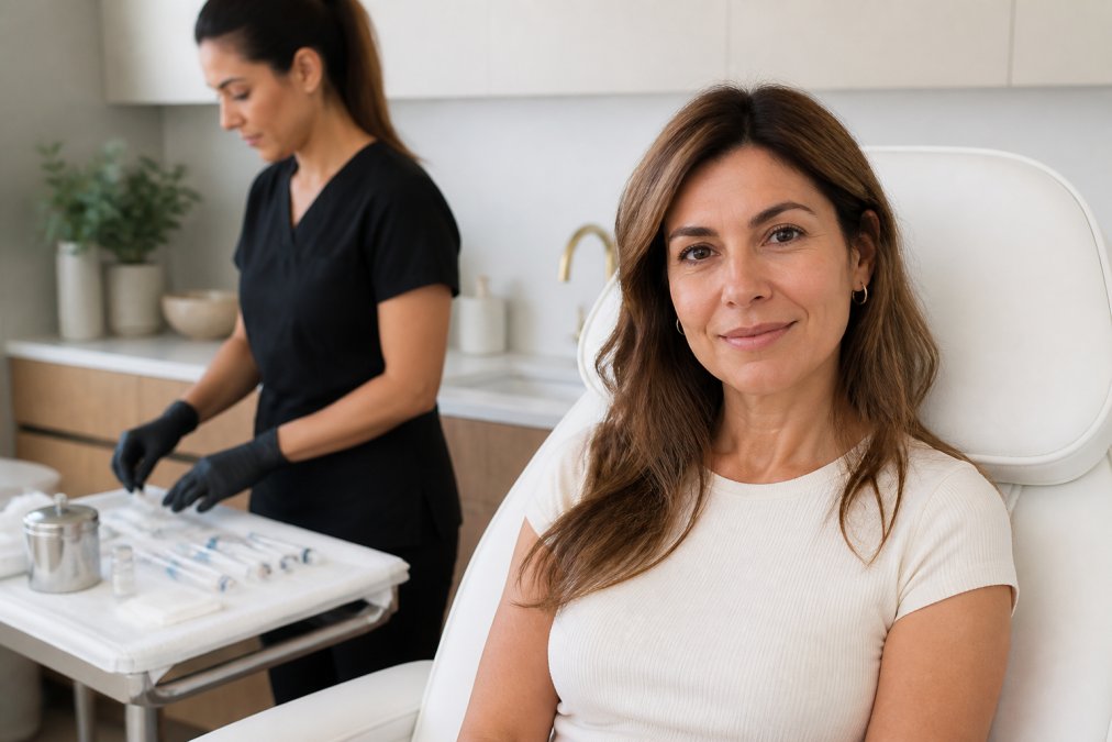A female patient in her 40s smiling gently in a bright, modern medical office, with a licensed practitioner in the background preparing a treatment room