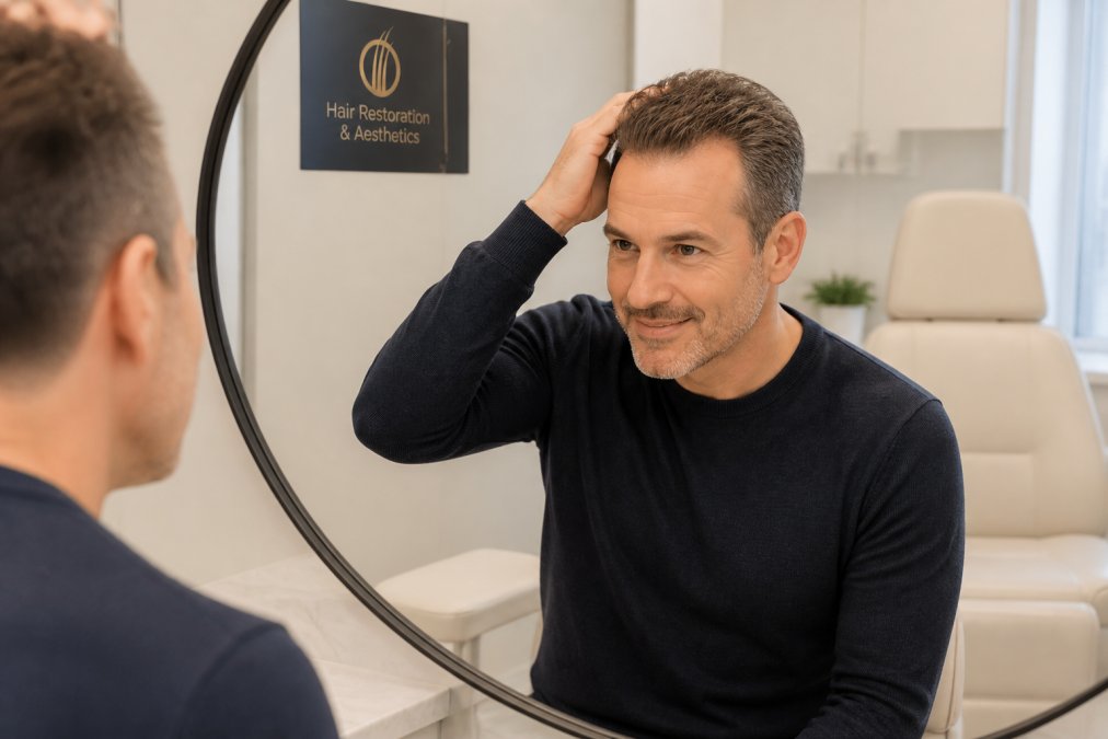 A confident middle-aged man with a naturally soft, mature hairline examining his hair in a mirror, inside a bright, modern clinic exam room