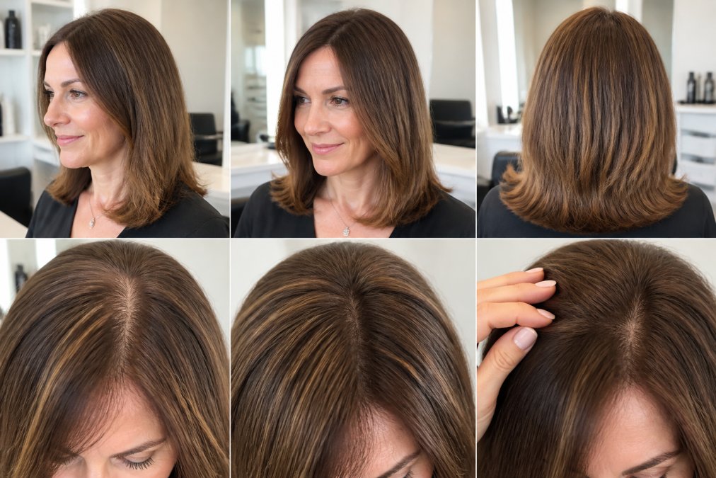 Woman with shoulder-length natural hair demonstrating a seamlessly blended hair topper, showing the natural part line and integrated volume at the crown, with the transition from natural to topper hair completely undetectable, shot in natural daylight from multiple angles